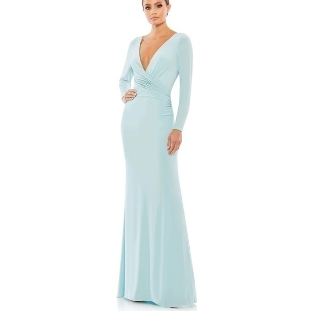 MAC DUGGAL Powder Blue LONG SLEEVE RUCHED JERSEY V-NECK GOWN